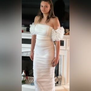 Elegant White Off-Shoulder Ruched Dress.  Beautiful Frill Sleeves Size Large